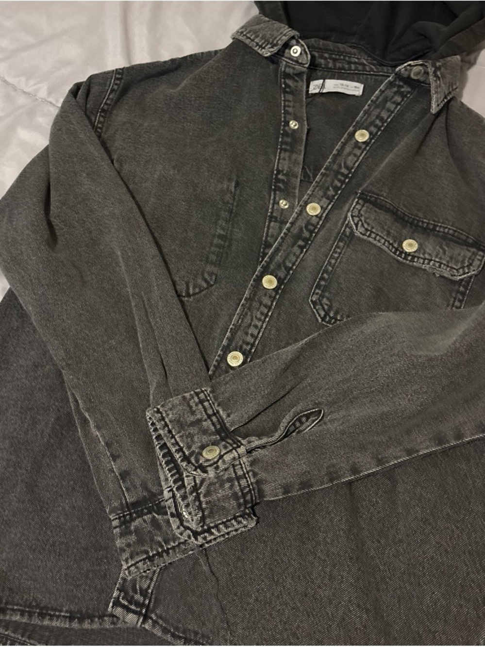 Zara Washed Black Denim Jacket with Hood